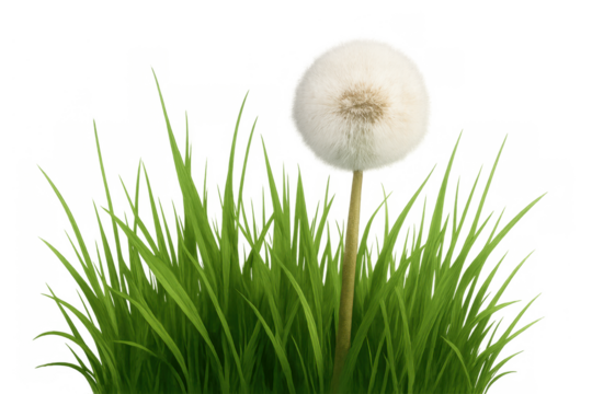 Dandelion seed head standing in green grass, fluffy plant offering hope and wish on transparent background