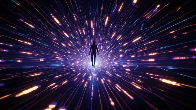 Silhouette traveler in hyperspace: journey through neon light trails and cosmic dimensions