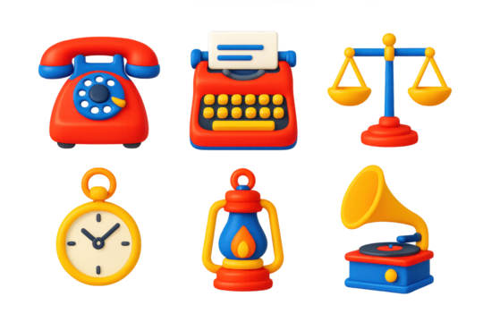 Vintage Devices Icons. 3D icon set of collectible vintage devices: rotary telephone, typewriter, balance scale, pocket watch, oil