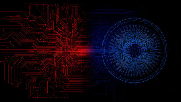 Split image showing red circuit board on left and blue digital eye on right against black background
