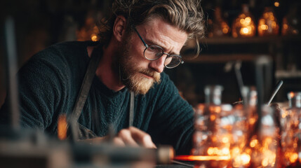 Professional glassblowing studio showcasing molten glass artistry, creative craftsmanship, skilled artisans, heat manipulation, and innovative design in a vibrant workshop environment