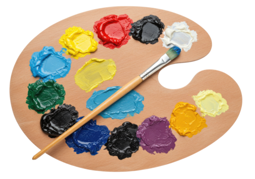 Artist s palette with brush and paints transparent background cutout png