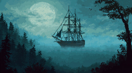 Obraz premium A ghost ship sailing on a foggy night , scary Halloween, pixel style