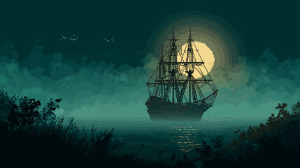 Fototapeta premium A ghost ship sailing on a foggy night , scary Halloween, pixel style