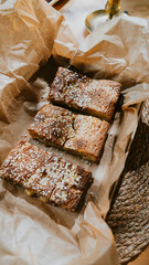 Three brownies are sitting on a brown paper bag