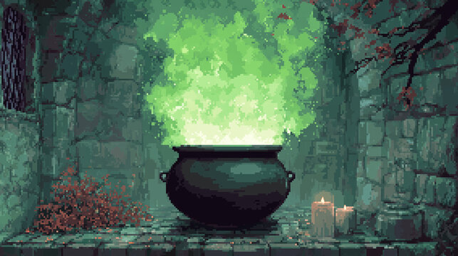 A witchs cauldron bubbling with green smoke , scary Halloween, pixel style