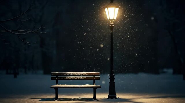Snowfall illuminated by streetlight over park bench at night in winter wonderland scene