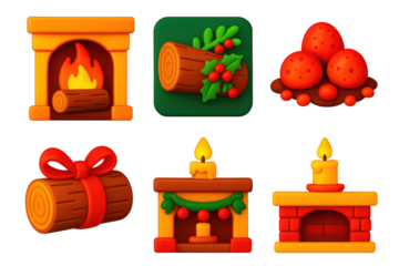 3D Yule Log Icons. 3D icon set of Yule log scenes: burning Yule log in fireplace, decorated wooden log, glowing embers, holiday