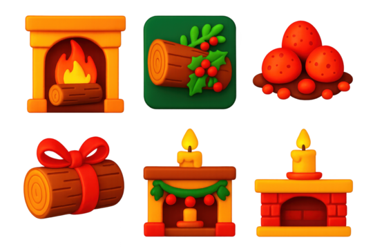 3D Yule Log Icons. 3D icon set of Yule log scenes: burning Yule log in fireplace, decorated wooden log, glowing embers, holiday