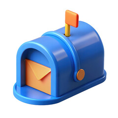 3d blue mailbox with orange letter inside and flag up isolated on high quality 3d rendering icon