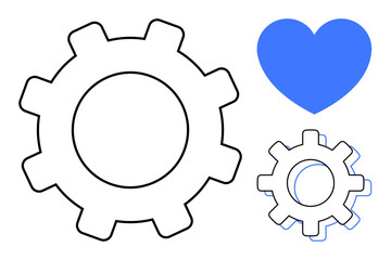 Two interlocking gear shapes and a blue heart symbol emphasize teamwork, innovation, productivity, passion, and problem-solving. Ideal for teamwork, mechanics, growth, care connections motivation