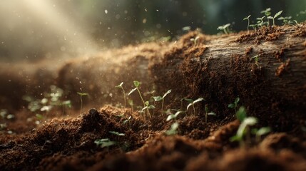 Fototapeta premium Nurturing growth a closeup of rich soil with tiny plants in a sunlit forest environment nature's beauty and resilience