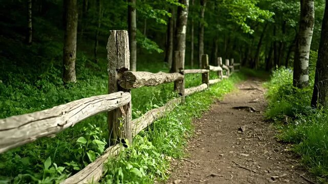Rustic Wooden Fence Along Forest Hiking Trail in Lush Green Woods