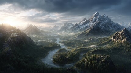 Majestic mountain landscape serene river valley photorealistic artwork natural environment wide-angle view tranquility and beauty
