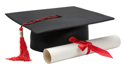Symbol of education success and achievement showing black graduation cap with diploma scroll tied with red ribbon representing academic ceremony celebration on white background