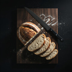 Artisan sourdough bread sliced on a wooden board with a knife