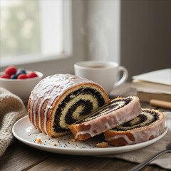 Delicious poppy seed roll cake with powdered sugar and berries
