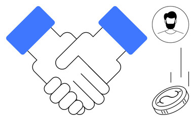 Handshake indicating partnership, user avatar emphasizing individual participation, and coin showing financial transaction or business deal. Ideal for teamwork, collaboration, trust, finance