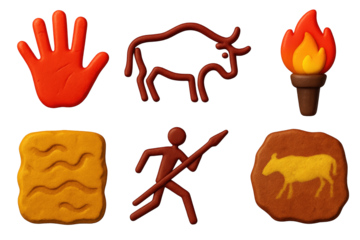 Cave Art Icons. 3D icon set of cave painting elements: red ochre handprint, bison outline, primitive torch flame, cave wall