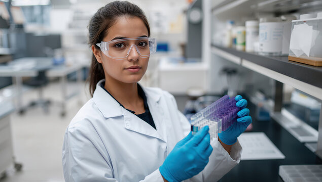Mujer Profesional de Ciencias con Guantes Azules Manipulando Muestras en Placas de Microtitulación para Desarrollo Farmacéutico.