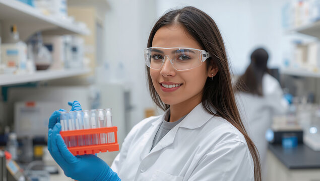 Innovadora Cient&iacute;fica con Equipo de Protecci&oacute;n Personal Examinando Viales en una Instalaci&oacute;n de Investigaci&oacute;n Avanzada.