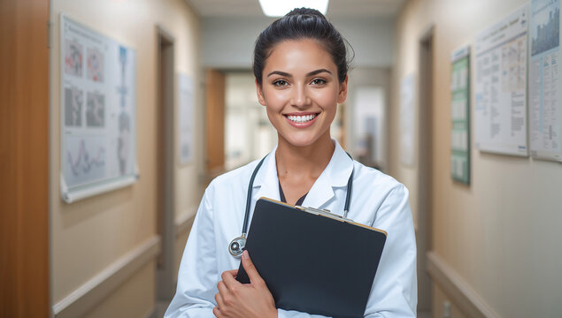 Joven Doctora Latina Sonriente con Bata Blanca y Estetoscopio en un Pasillo Moderno de Hospital Lista para Atender Pacientes.