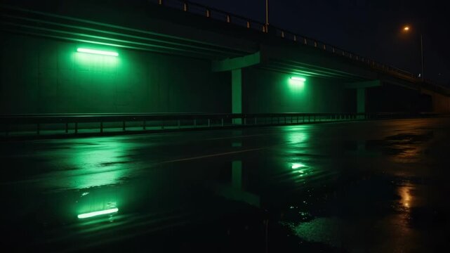 Moody night underpass with glowing green light reflections on wet concrete