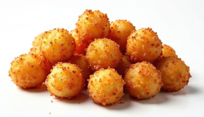Golden fried balls with crispy crust are piled together. These bite sized snacks look very appetizing and are perfect for parties or family meals.