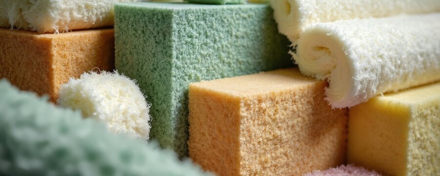 Close up photo of different home insulation materials. Various eco friendly and sustainable options are presented. Energy efficient materials are stacked. Construction industry and building materials.