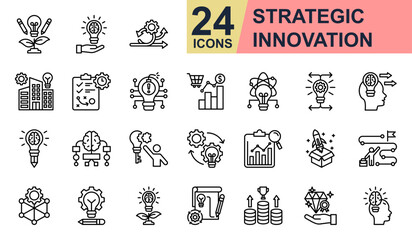 Strategic innovation Icons set vector illustration. Containing Creative Growth, Design Sprint, Planning, Market Trends, Mind Mapping and more. Simple line icons collection.