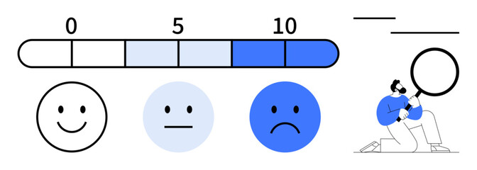 Horizontal satisfaction scale from 0-10, three emotion faces for feedback happy, neutral, sad, person analyzing with magnifying glass. Ideal for surveys, analysis, evaluation, customer support
