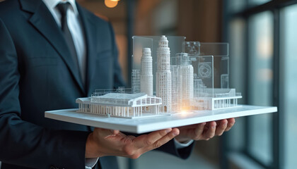 Man in suit holds architectural model. Future city planning, skyscraper design, modern buildings. Professional architect reviews urban development project with new tech.