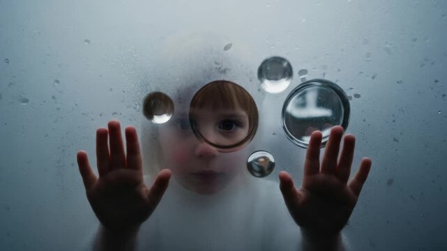 Curious child exploring foggy glass with wonder and imagination
