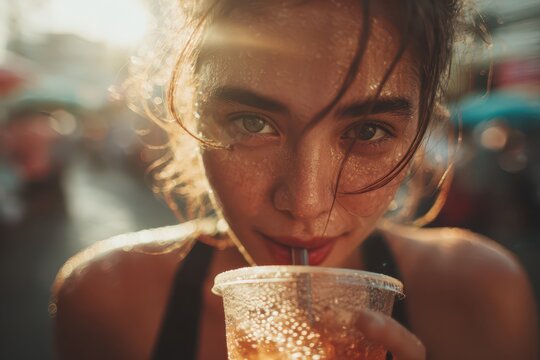 Close-up of a glowing woman, sweaty, sipping a cool drink in golden sunlight.