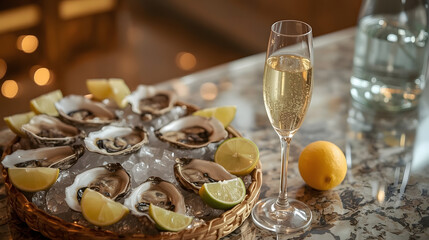Fototapeta premium A luxurious prosecco bar concept featuring a decorative countertop with open oysters lying on a bed of crushed ice, accompanied by sliced lemons and limes, next to a delicate flute of champagne