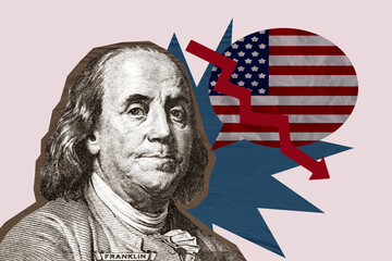 Full 3d artwork trend collage of benjamin franklin icon arrow regress america flag bubble speech...
