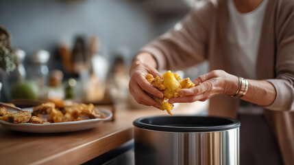 Female scraping leftover food into trash bin face obscured food waste portion control dietary management mindful eating meal planning kitchen waste reduction sustainability
