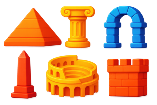 Ancient Architecture Icons. 3D icon set of ancient architecture: pyramid, temple column, stone arch, obelisk, amphitheater,