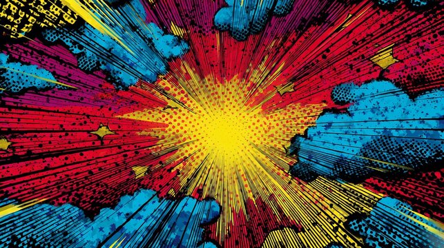 Dynamic comic book explosion with vibrant colors and energetic lines for impactful graphic design projects and bold creative presentations now