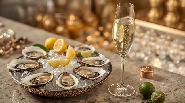 A luxurious prosecco bar concept featuring a decorative countertop with open oysters lying on a bed of crushed ice, accompanied by sliced lemons and limes, next to a delicate flute of champagne