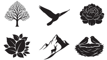 Fototapeta premium botanical and wildlife minimal silhouettes collection black solid creative vector set modern abstract nature design