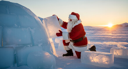Santa Building an Arctic Igloo at Sunset