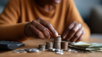 Hands counting coins and bills on table face obscured budget planning financial management money counting savings calculation economic concern household finance desk