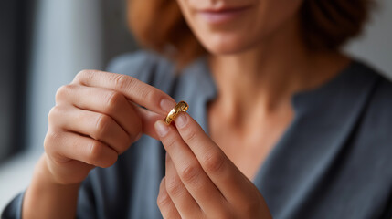 Female hand removing wedding ring from finger face obscured divorce marriage ending relationship breakup emotional separation single status life change jewelry removal bac