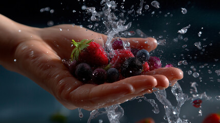 Fototapeta premium Headless shot showing arm dropping berries with crystal clear dynamic splash and flying droplets in frame, with copy space