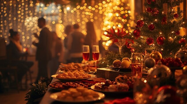 Festive Christmas dinner table with holiday decorations, candles, cookies, and champagne glasses in warm cozy lighting, people celebrating winter evening with joy and sparkling atmosphere