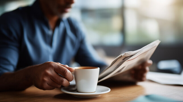 Hands holding newspaper with coffee cup face not shown morning routine news reading print media breakfast ritual information consumption daily news paper journalism table