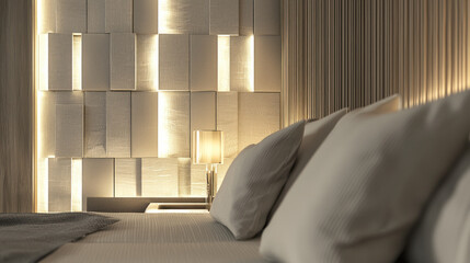 Luxurious bedroom with textured, illuminated wall, focus on soft pillows and a warm lamp