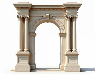 Fototapeta premium Classic stone archway with columns isolated on white. Archway shows architecture design element. Structure includes pillar entrance gateway. Building render with antique symmetric facades historical