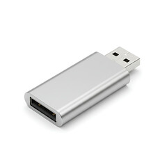 Minimalist silver USB flash drive with metal body on white background  